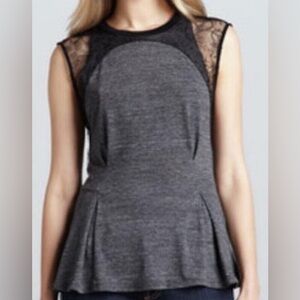 Rebecca Taylor Gray Black Lace Sleeve Peplum Blouse Top Size Medium